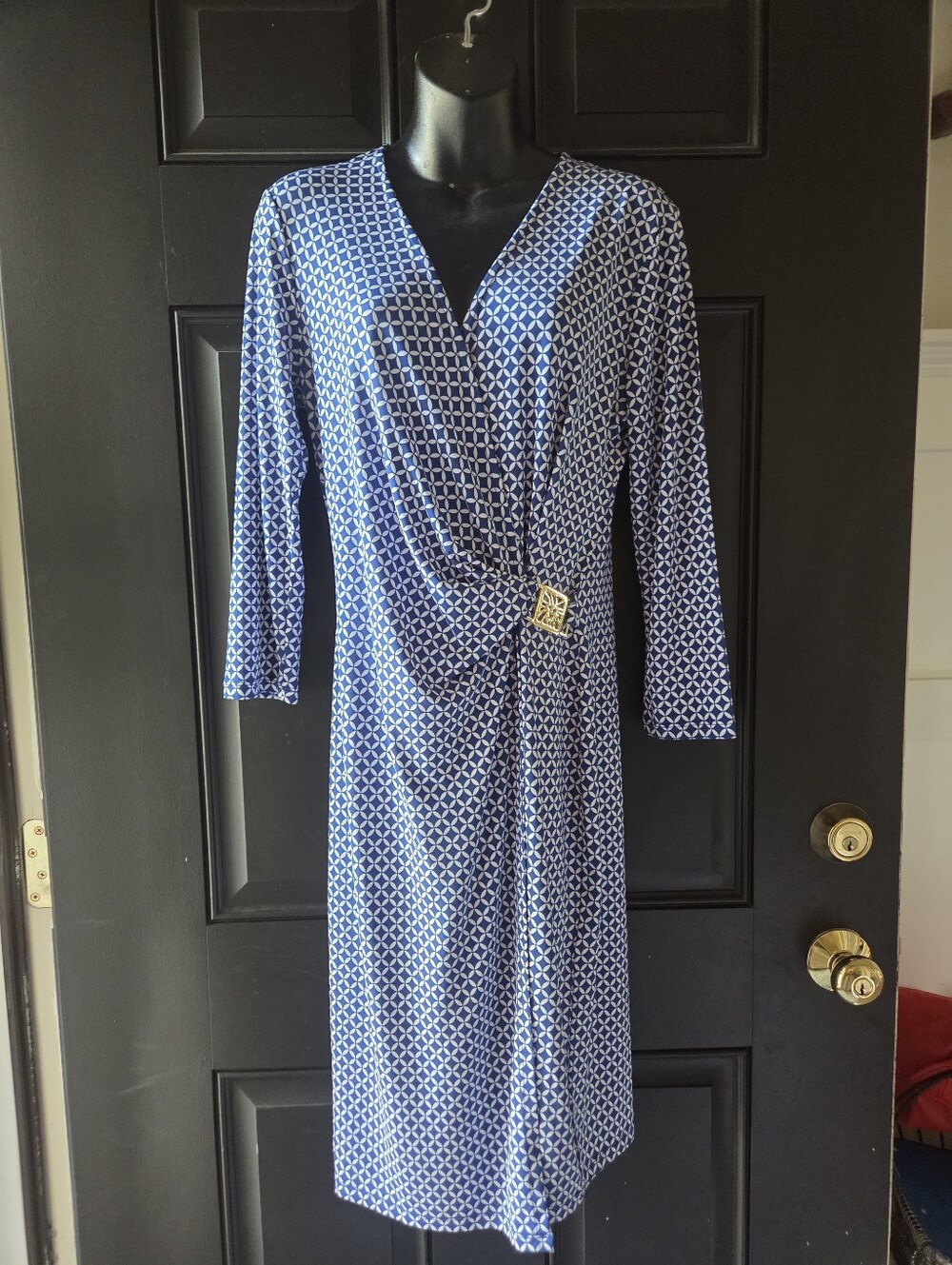 Anne Klein Navy and White Geometric Wrap Dress with Gold Buckle